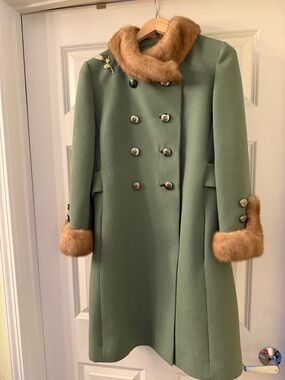 Marcus Furs Vintage Mint Green Double-Breasted Coat with Mink Fur Trim